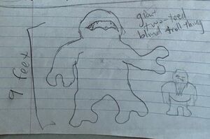 "Giant two-toed blind troll-thing." Dwarf for scale. Concept art by Bay 12 Games.
